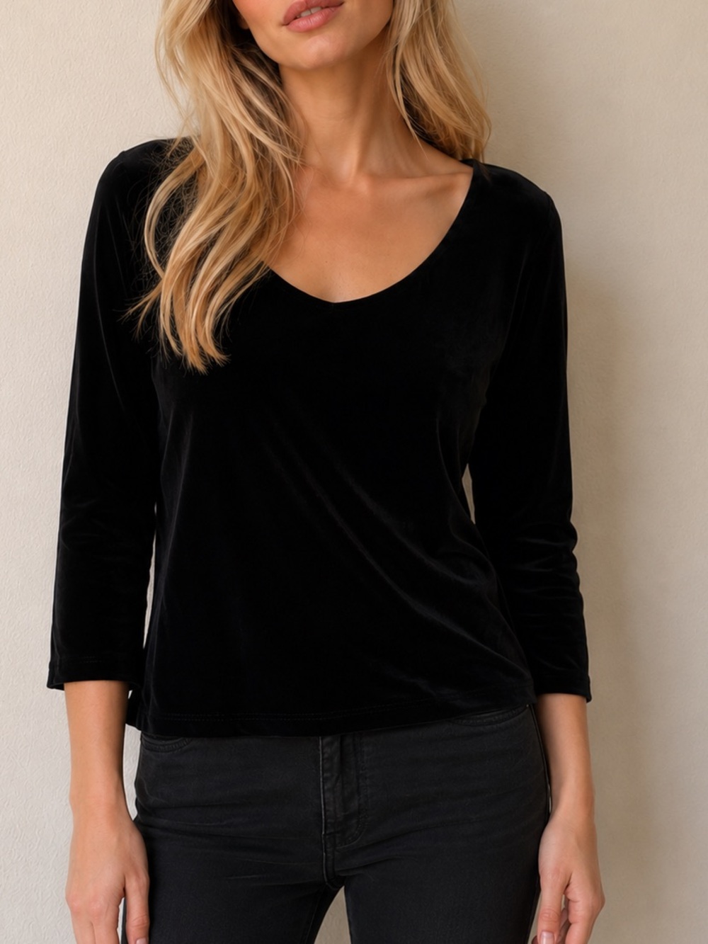 Eileen Fisher Black Velvet Scoop Neck Long Sleeve Top
